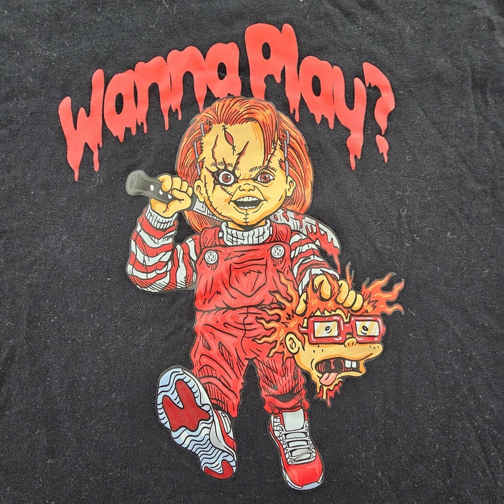Wanna Play? Horror Halloween Black Short Sleeve T-Shirt Men's L
